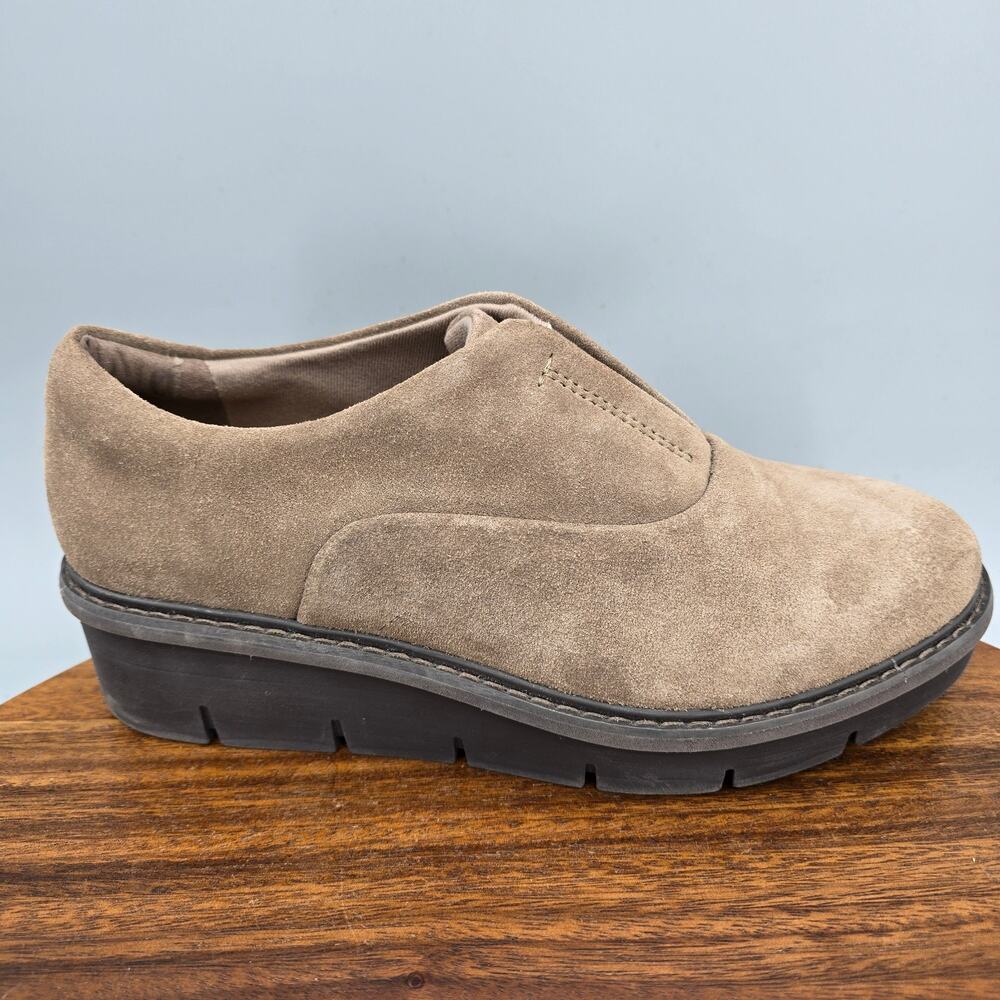 Clarks Shoes Women 7 M Tan Brown Suede Leather Airabell Comfort Slip On Platform